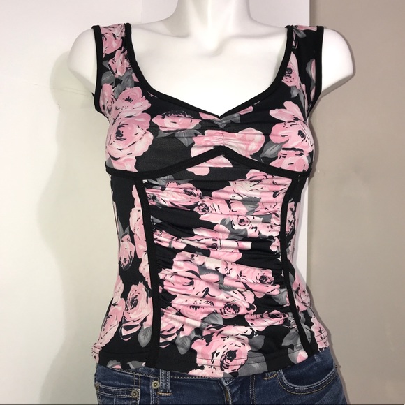 Bizz Girl Black Trim Pink Floral Ruched Tank Top - Picture 2 of 7